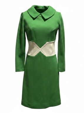 60s Mod Green Long Sleeve Dress Cream Geometric Waist Inset Peter Pan Collar